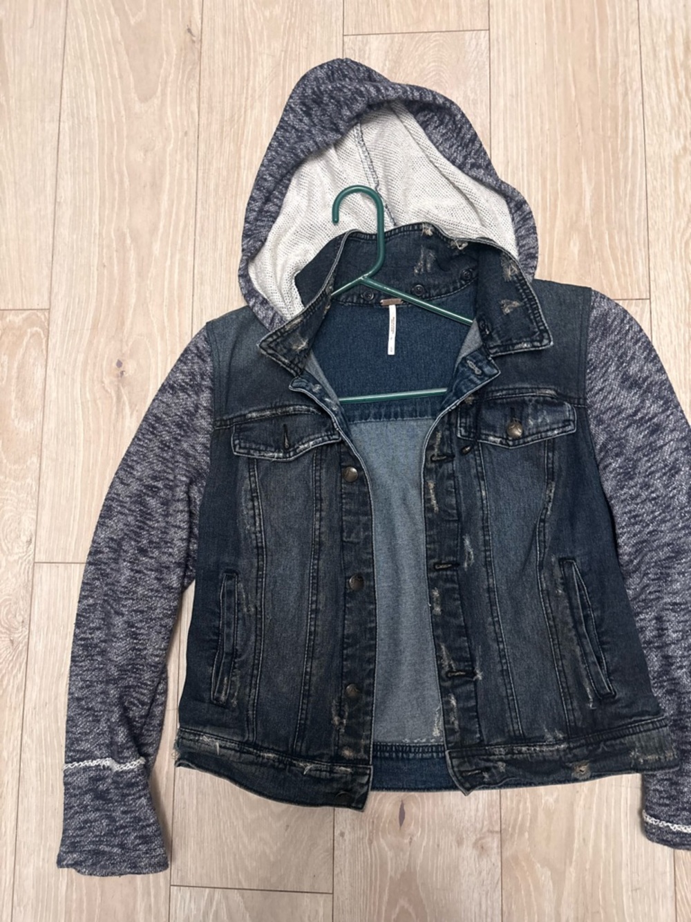 Free People Hooded Mixed-Media Jean Jacket in Dark Blue and Heather Gray